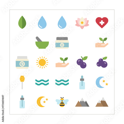 A collection of flat design icons depicting nature and beauty for use on websites, print and promotional materials, as well as web and mobile services and apps, covering medicine, healthcare
