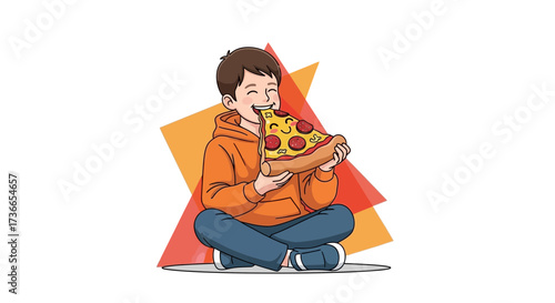 Delighted Child Devouring Pizza Slice Enjoying And Relishing The Hearty Snack