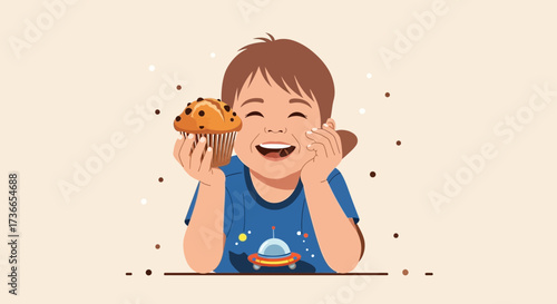 Delighted Child Embraces a Muffin in a Moment of Joyful Anticipation and Glee
