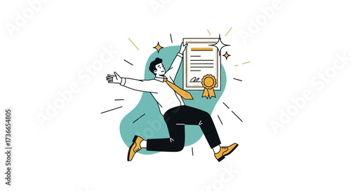 Delighted Employee Celebrating Achievement, Holding Certificate, Highlighting Success With Joyful