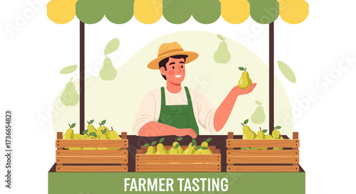 Delighted Farmer Showcasing Fresh Pears at a Charming Open-Air Produce Stand