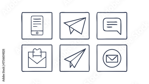 Six square icons depicting communication methods such as email, messages, and sending a paper airplane