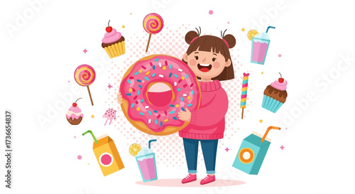 Delighted Girl Embraces Giant Donut Amidst Array Of Sweet Treats And Beverages