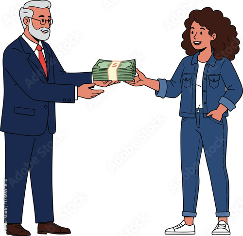 Elderly businessman giving cash money to young woman symbolizing financial transaction, investment payment, business deal, and money exchange