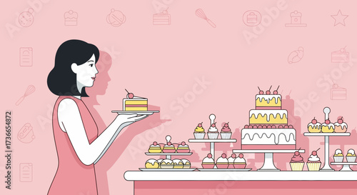 Elegant Baker Serving Delicately Decorated Cakes And Cupcakes In a Pink Pâtisserie