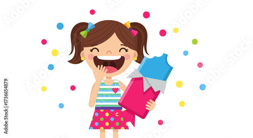 Delighted Girl Holds a Colorful Candy Bar with Joyful Confetti on White Background