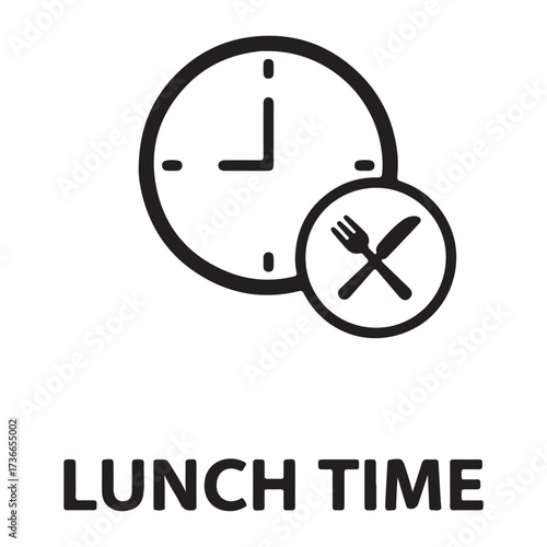 Minimalist black and white icon representing lunch time with food and clock elements