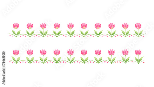 Floral pattern with pink tulips and green leaves arranged in a horizontal border design element