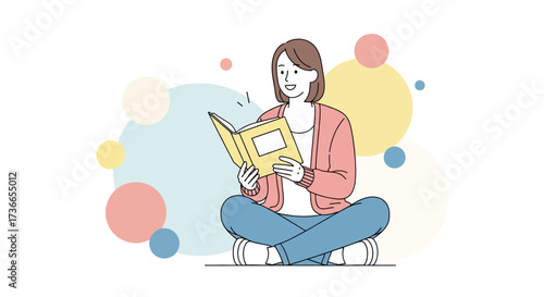 Delighted Woman Absorbed In Reading A Book While Relaxing With Colorful Bokeh Background