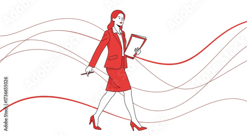Elegant businesswoman in red suit walking with files against a white background