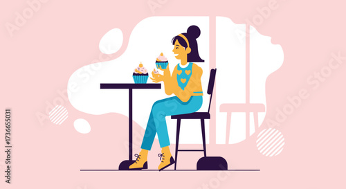 Delighted Woman Relishing Cupcakes At The Cafe, Dessert And Joyful Experience In Calm Surroundings