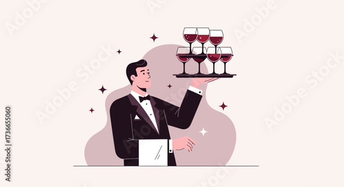 Elegant Butler with Wine Glasses Serving at a Fine Dining Experience in Vector Illustration