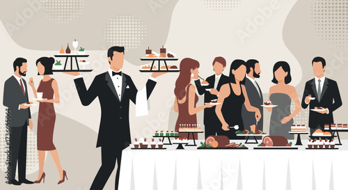 Elegant Catered Affair Depicting Guests and Servers at a Special Formal Event