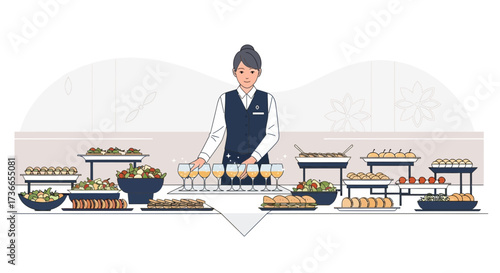 Elegant Catering Event Server Ready To Offer Drinks And A Variety Of Appetizers