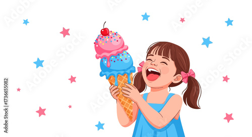 Delighted Young Girl Holding a Tremendous Ice Cream Cone, Joyful and Beautiful Moment