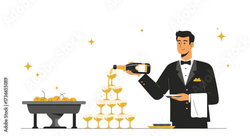 Elegant Celebration: A Stylish Sommelier Pouring Champagne at a Festive Gathering