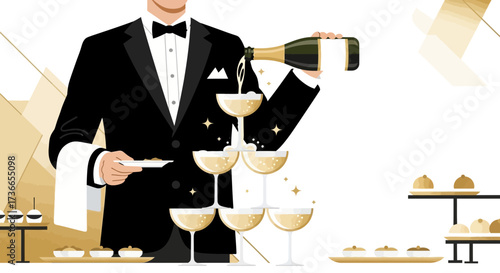 Elegant Celebration: A Waiter Gracefully Pouring Champagne Into Towering Flutes, Perfect for Parties