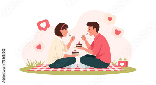 Delightful Couple Sharing Cake on Picnic with Love and Likes Illustration