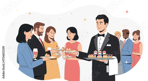 Elegant Event Service: Waiter Offering Exquisite Desserts To Guests At A Formal Gathering
