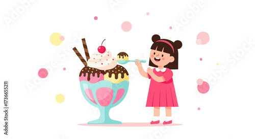 Delightful Child Enjoying a Sweet Ice Cream Sundae with Colorful and Joyful Elements