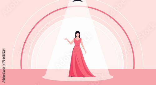 Elegant Figure Illuminated Under Spotlight, Wearing a Flowing Crimson Gown and Receiving Applause
