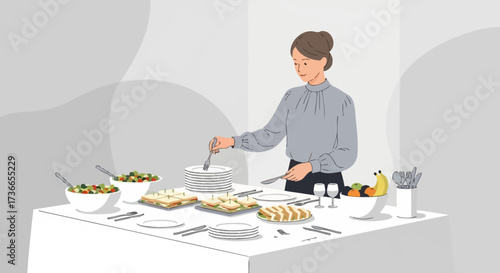 Elegant Food Presentation: A Woman Prepares a Culinary Display with Fine Tableware