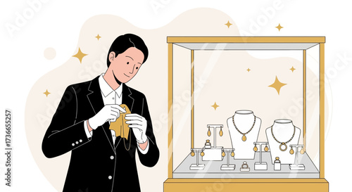 Elegant Jeweler Inspecting Jewelry, Displayed Inside the Glass Showcase, Preparing For Buyers