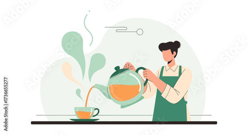 Elegant Illustration Of Person Pouring Tea From A Teapot Into A Cup With Aesthetic Vapor