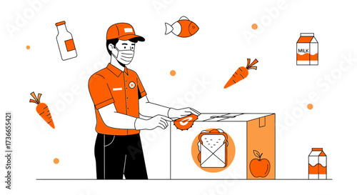 Delivery Man Preparing Grocery Order in Orange and White Illustrative Style