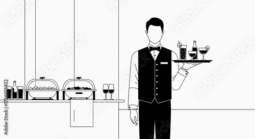 Elegant Server Presents Beverages And Food At A Formal Gathering Illustration