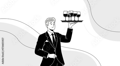 Elegant Server Presenting Wine Glasses on a Tray in a Stylish Monochrome Illustration