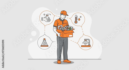 Delivery Worker Presenting Food Box Emphasizing Safety And Hygiene Protocols With Icons Illustrat