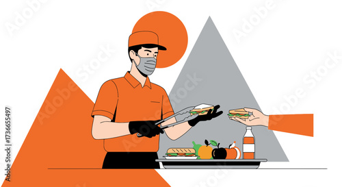 Delivery worker wearing mask serving order in a restaurant with minimalist style and colors