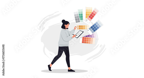 Designer working on color palettes selecting from different design schemes and references used