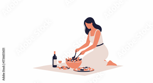 Elegant Woman Crafting a Gourmet Salad on a White Picnic Scene with Fine Wine and Foods