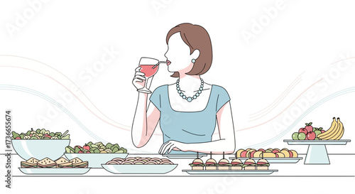 Elegant Woman Drinking Wine Amidst a Culinary Spread at a Refined Social Gathering