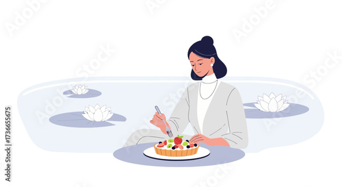 Elegant Woman Enjoying a Fruit Tart Beside Water Lilies in a Serene Outdoor Setting