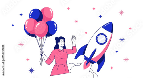Wallpaper Mural Embarking On A New Adventure: Woman, Rocket, Balloons Symbolize Success and Excitement Torontodigital.ca