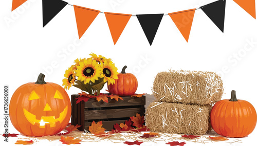Festive halloween display with pumpkins hay bales sunflowers and banner decor