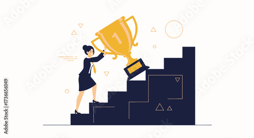 Empowered Businesswoman Ascending Stairs to Achieve Victory and Claim First Place