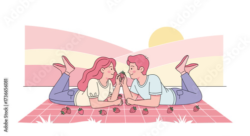 Enamored Couple Sharing A Strawberry While Relaxing On Picnic Blanket At Sunset