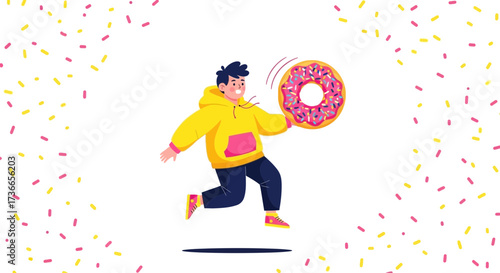 Energetic Individual Jumping While Carrying a Deliciously Decorated Donut in a Sweet Celebration