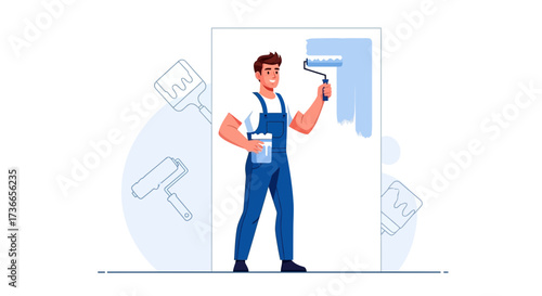 Energetic Painter Using Roller, Painting New Wall With Blue Hue, Cartoon Illustration