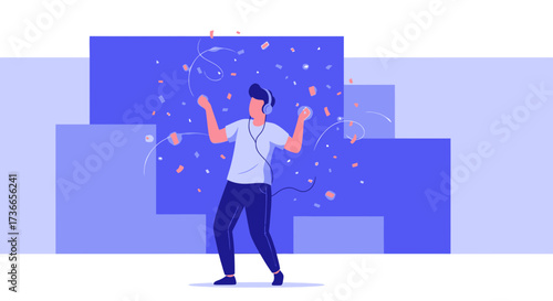 Energetic Person Listening to Music Joyfully Dancing with Headphones and Confetti Celebration