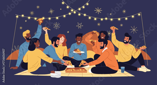 Diverse Group Enjoying Pizza Under Festive Lights In A Relaxed Evening Gathering