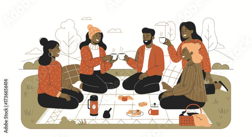 Diverse Group Enjoying Weekend Picnic Drinking Hot Beverages Outdoors Together
