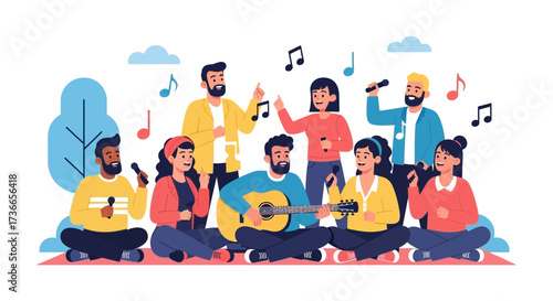 Diverse Group Expressing Themselves Through Music Singing And Playing Instruments Together
