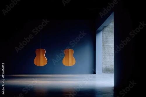 Minimalist interior showcases two wooden guitars suspended again