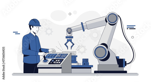 Engineer Controls Robotic Arm, Overseeing Modern Industrial Automation Processes Operations