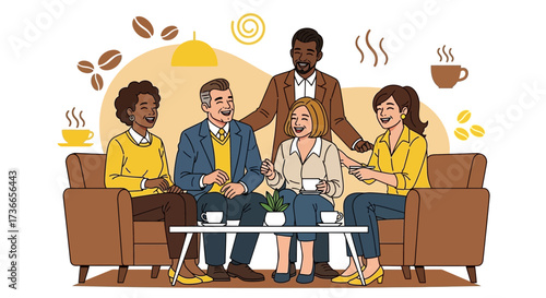 Diverse group of business people enjoying coffee and conversation in a relaxed setting
